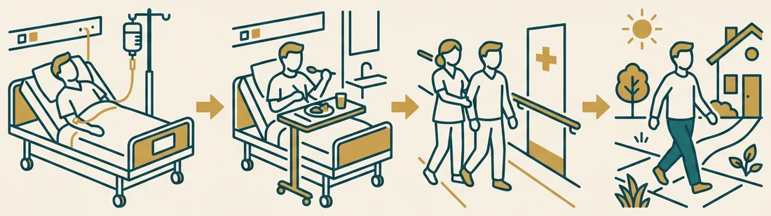 Línea de tiempo de la recuperación tras una apendicectomía: primeras horas en el hospital, reinicio de la alimentación, primeras caminatas con ayuda y alta a las 24-48 horas