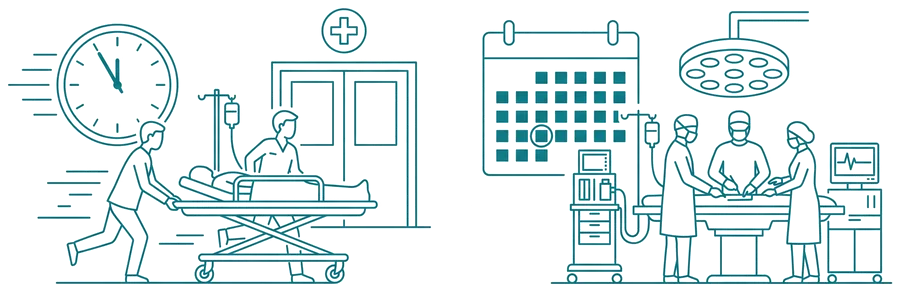 Ilustración comparativa entre una cirugía de urgencia y una cirugía programada