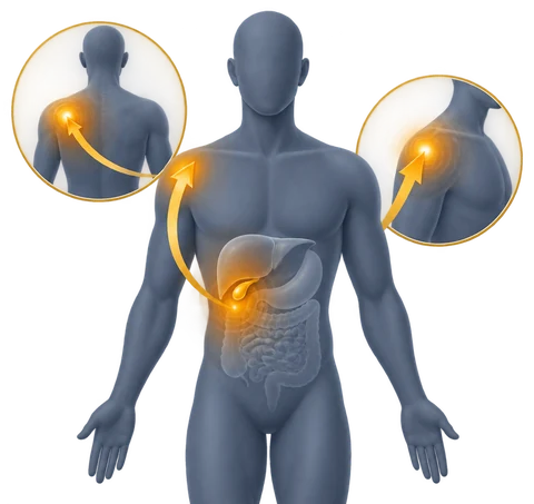 Diagrama de dónde se siente el dolor de la vesícula: parte superior derecha del abdomen, con radiación hacia la espalda y el hombro derecho
