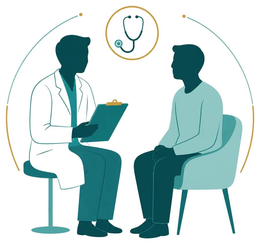 Ilustración de un cirujano y un paciente conversando durante la revisión de la historia clínica