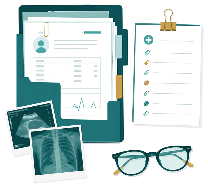 Ilustración de documentos, estudios y una lista de medicamentos listos para llevar a la consulta