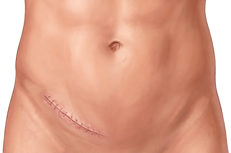 Diagrama de la incisión única en la ingle, típica de una plastia inguinal abierta