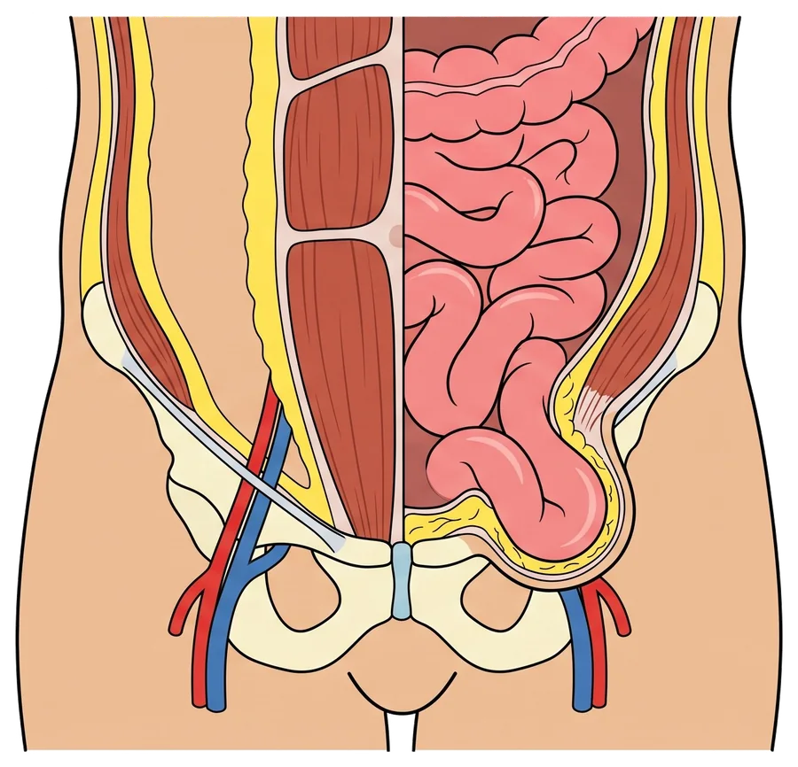 Diagrama anatómico de la región inguinal mostrando el punto débil de la pared abdominal por donde protruye la hernia