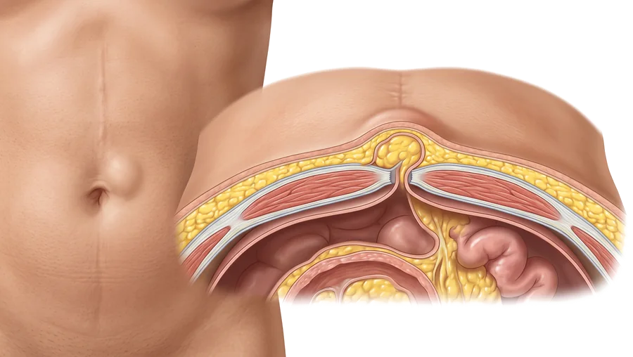 Diagrama anatómico del anillo umbilical mostrando el punto débil de la pared abdominal por donde protruye la hernia