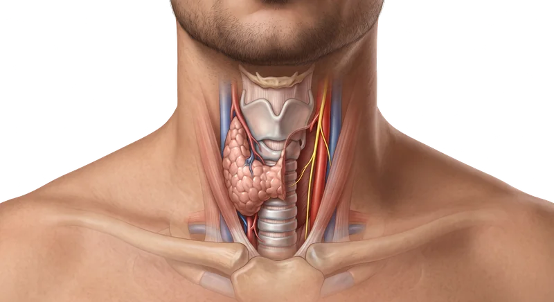 Diagrama del cuello mostrando una hemitiroidectomía: un lóbulo tiroideo presente y el otro ya extirpado